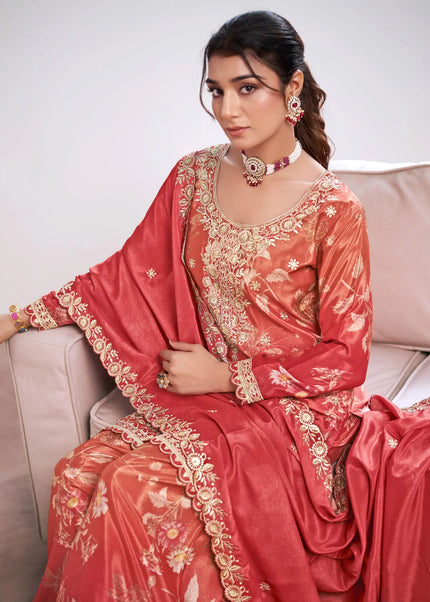Peach Printed and Embroidered Sharara Suit