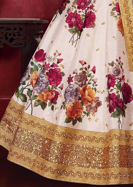 Offwhite Floral Printed and Embroidered Lehenga Choli