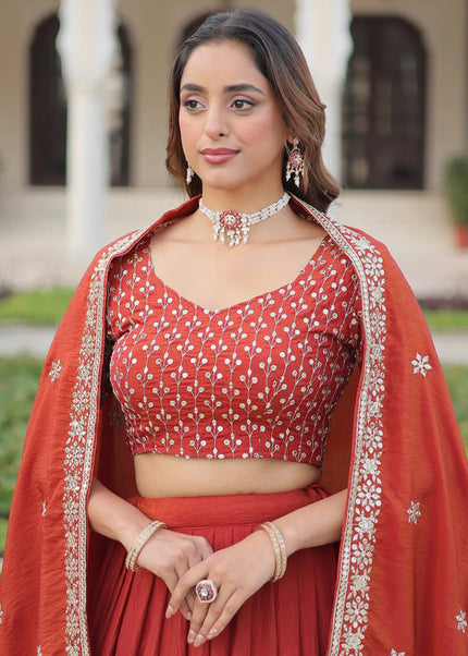 Rust Embroidered Lehenga choli