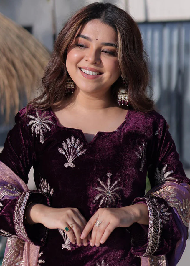 Purple Embroidered Sharara Suit