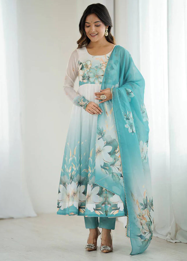 Offwhite and Aqua Floral Printed Anarkali Suit
