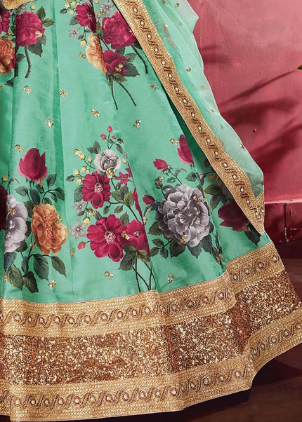 Green Floral Printed and Embroidered Lehenga Choli