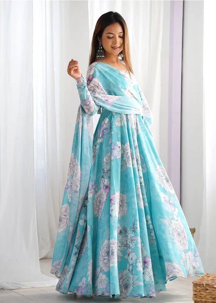 Sky Blue Floral Printed Anarkali Gown