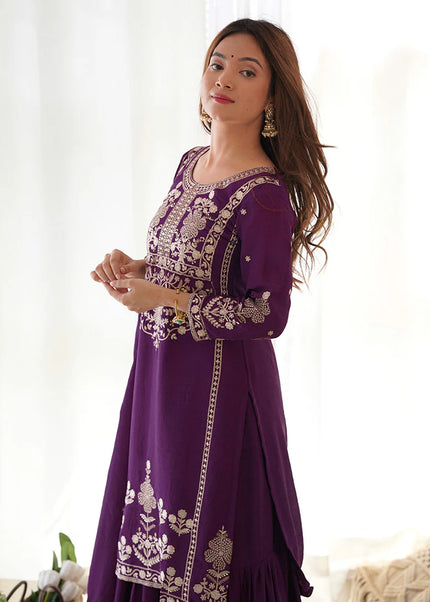 Purple Embroidered Sharara Suit
