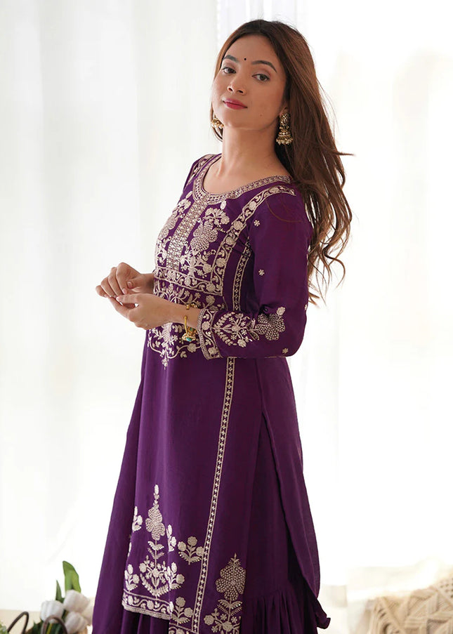 Purple Embroidered Sharara Suit