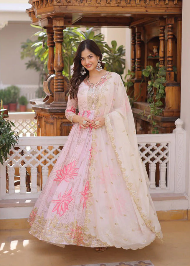 Pink Printed and Embroidered Anarkali Gown