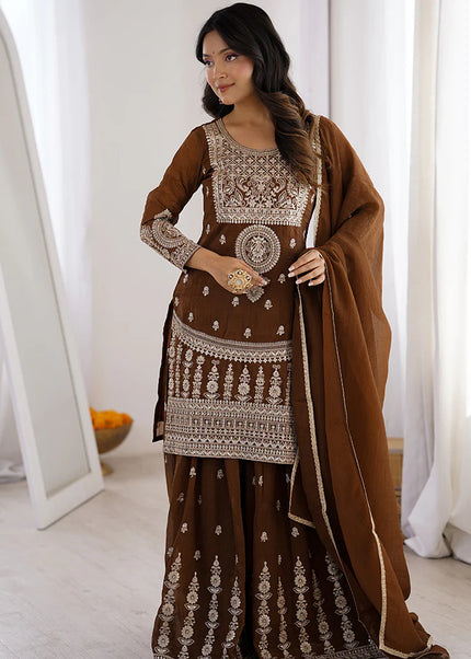 Brown Embroidered Sharara Suit