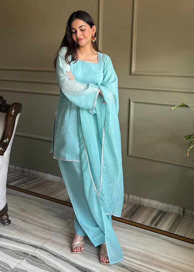 Sky Blue Embroidered Pant Style Suit