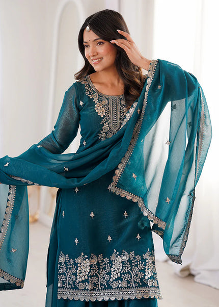 Teal Embroidered Sharara Suit