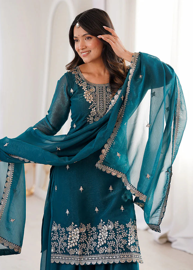 Teal Embroidered Sharara Suit