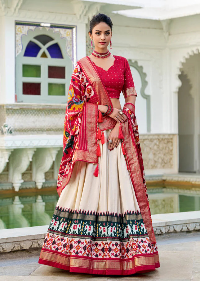 Offwhite and Red Embroidered Lehenga Choli