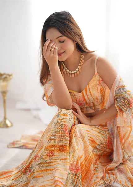 Cream Floral Printed Jacket Style Sharara Suit
