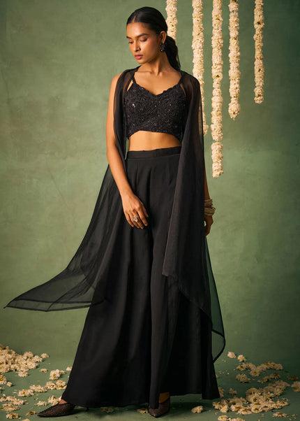 Black Embellished Jacket Style Sharara Suit
