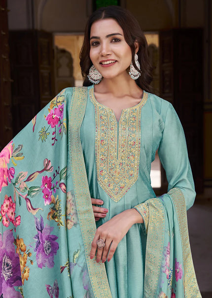 Sky Blue Embroidered Anarkali Suit