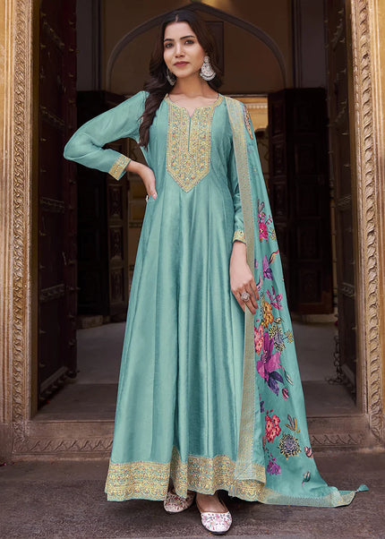 Sky Blue Embroidered Anarkali Suit