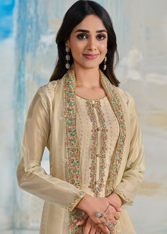 Light Beige Embroidered Palazzo Suit