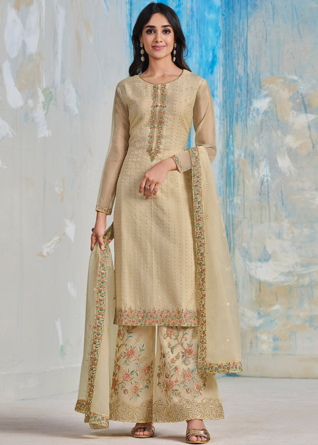 Light Beige Embroidered Palazzo Suit