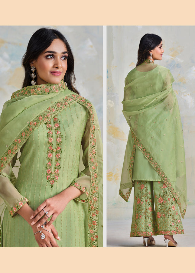 Green Embroidered Palazzo Suit