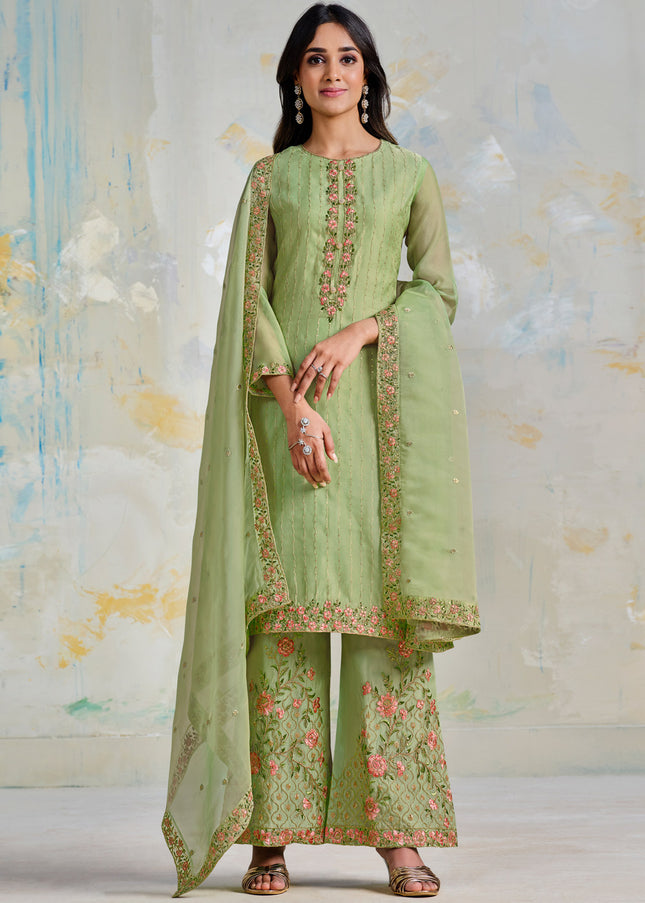 Green Embroidered Palazzo Suit