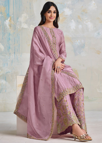 Pink Embroidered Palazzo Suit