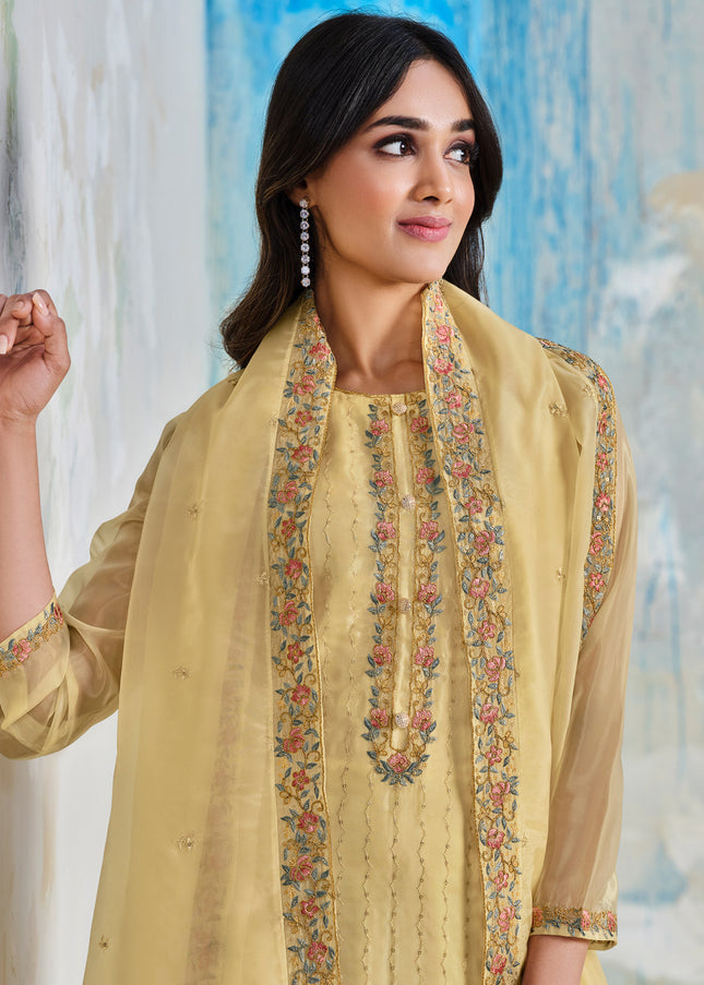 Yellow Embroidered Palazzo Suit