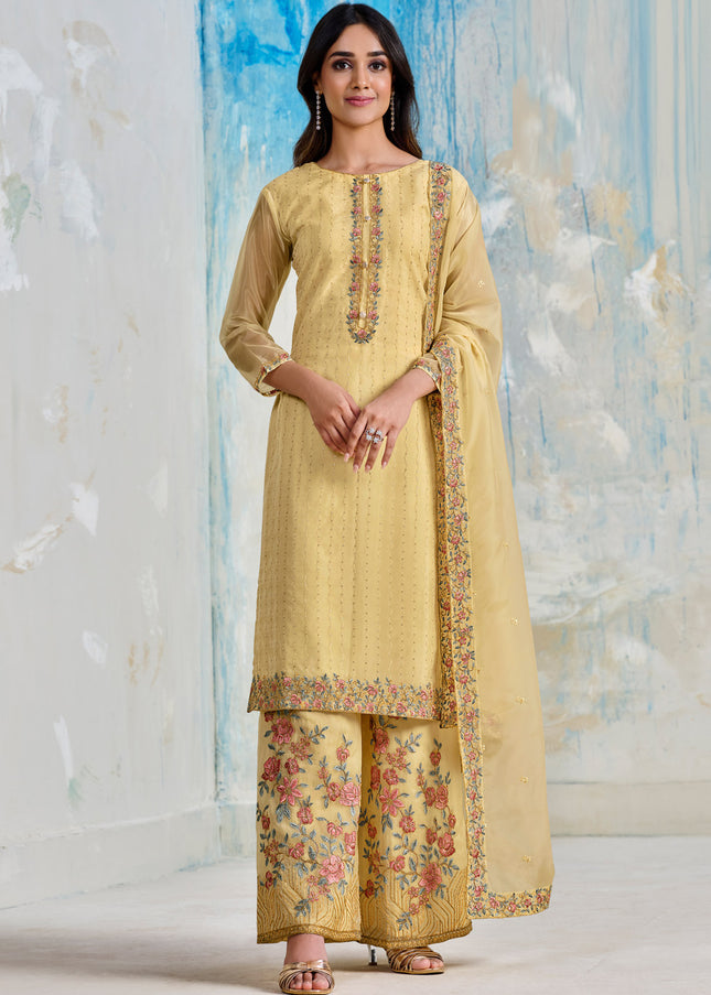 Yellow Embroidered Palazzo Suit