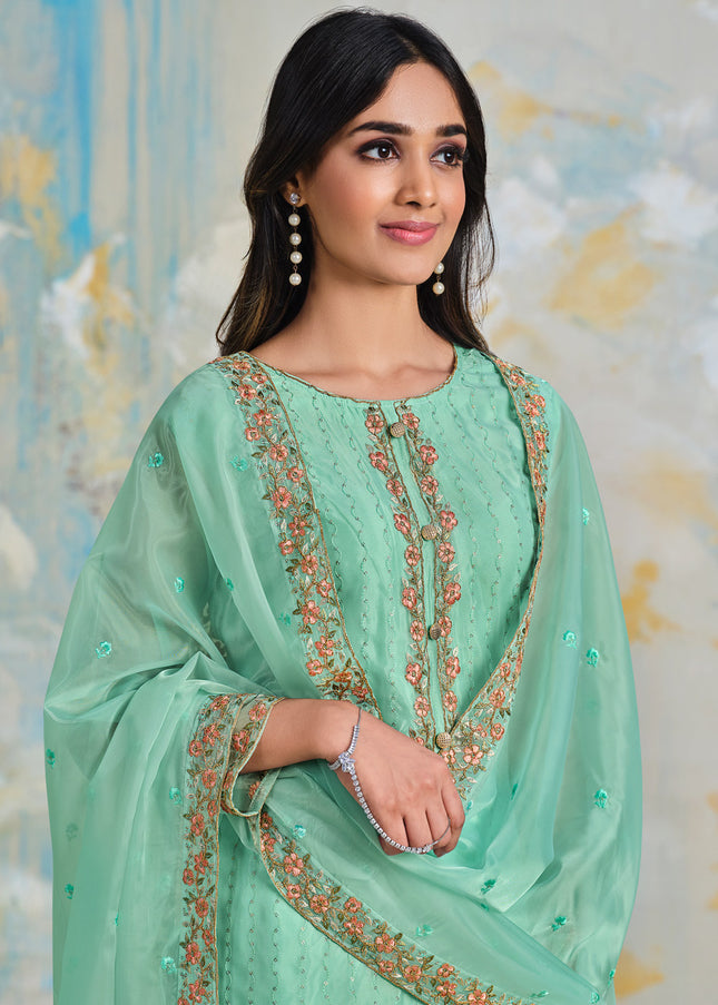 Sea Green Embroidered Palazzo Suit