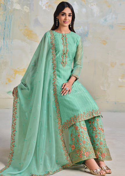 Sea Green Embroidered Palazzo Suit