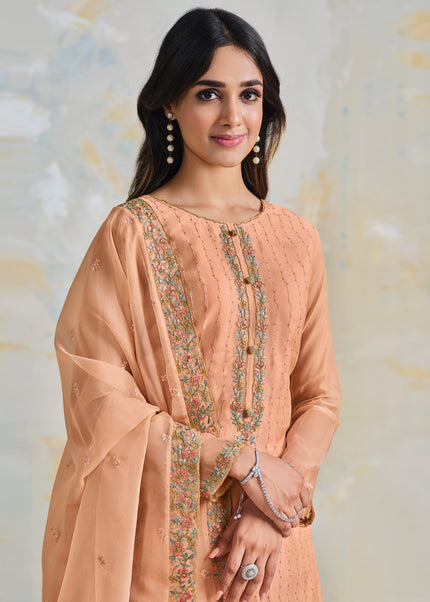 Peach Embroidered Palazzo Suit