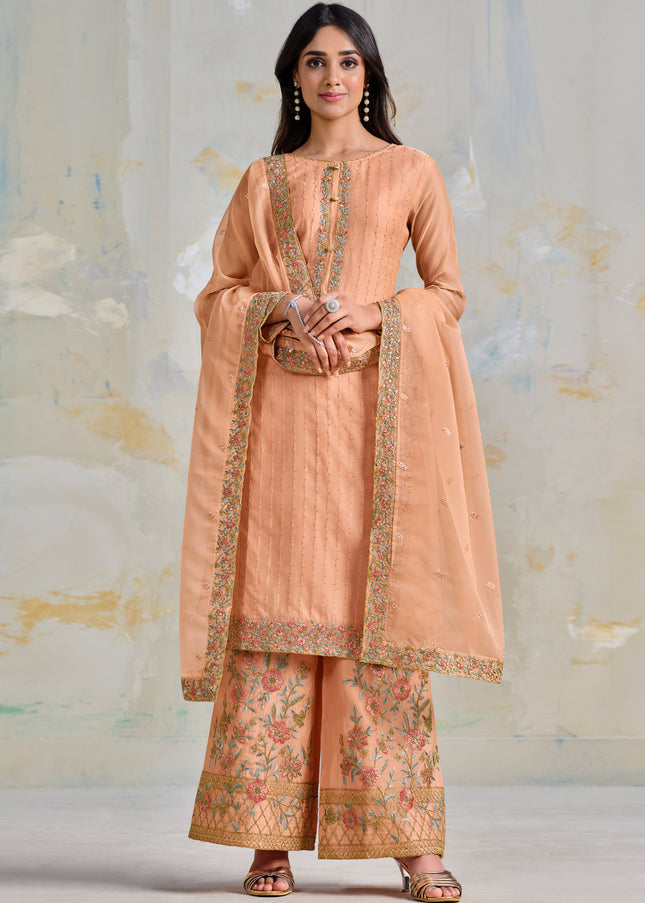 Peach Embroidered Palazzo Suit