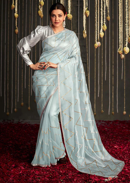 Grey and Sky Blue Embroidered Festive Saree