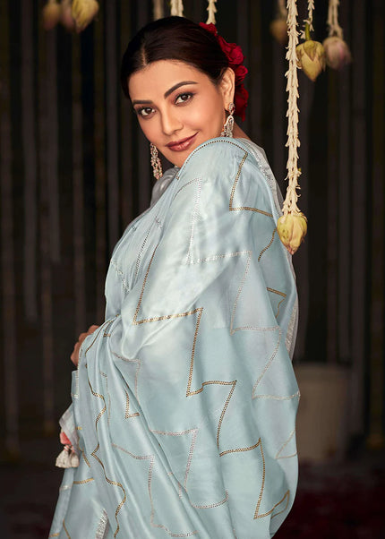 Grey and Sky Blue Embroidered Festive Saree