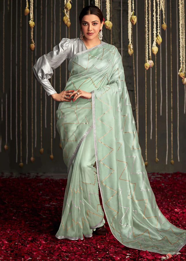 Grey and Sea Green Embroidered Festive Saree