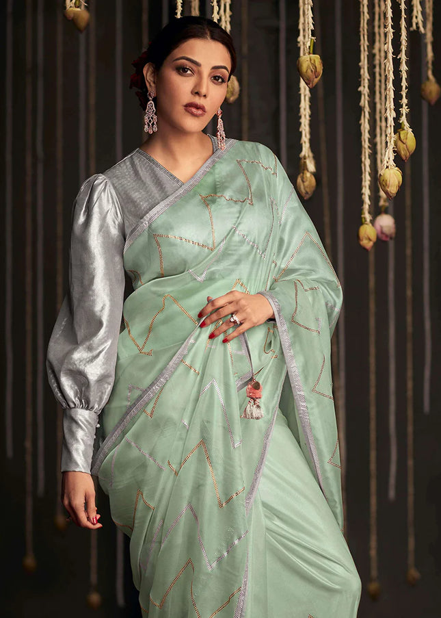 Grey and Sea Green Embroidered Festive Saree