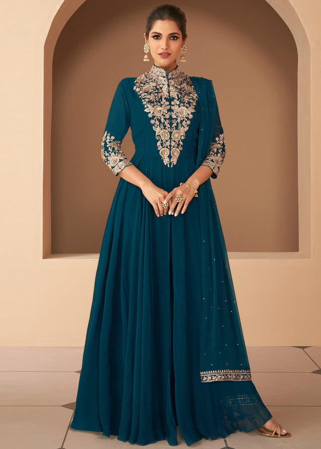 Teal Blue and Gold Embroidered Anarkali