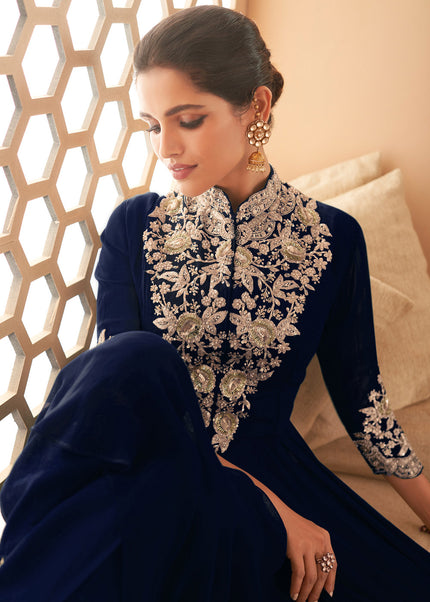 Ink Blue and Gold Embroidered Anarkali