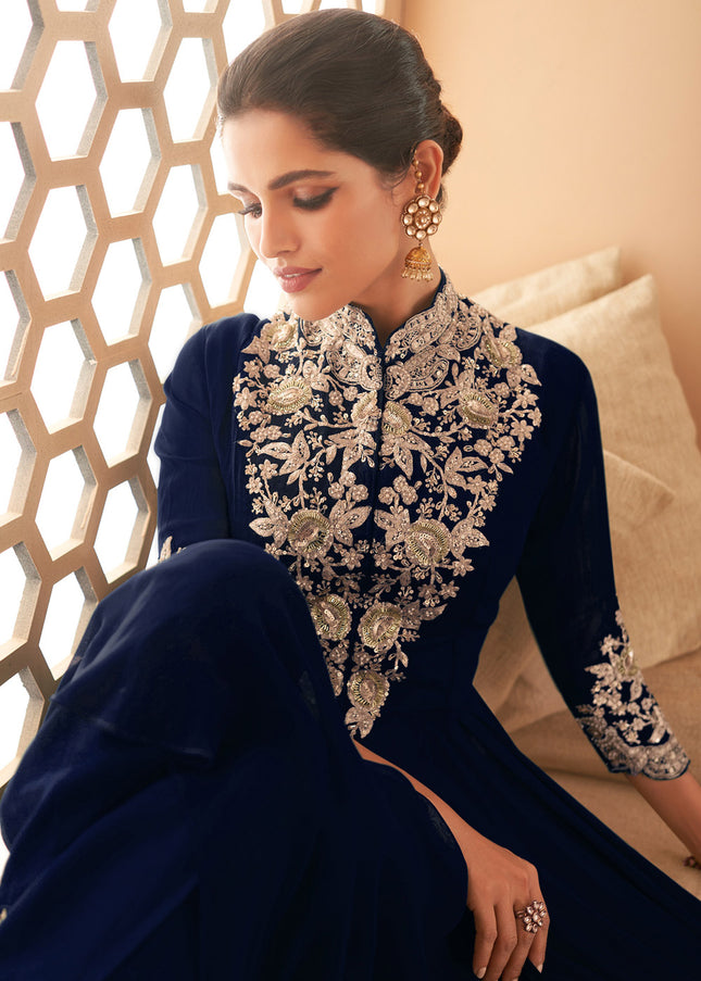 Iak Blue and Gold Embroidered Anarkali