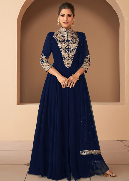 Ink Blue and Gold Embroidered Anarkali