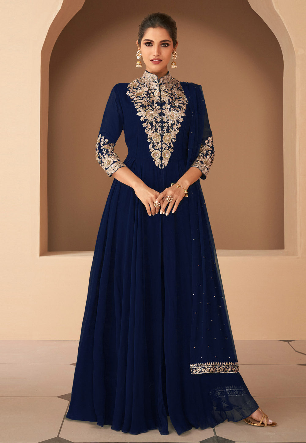 Ink Blue and Gold Embroidered Anarkali - Main Image