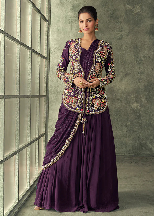 Purple Saree Style Jacket Anarkali Gown
