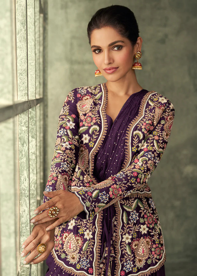Purple Saree Style Jacket Anarkali Gown