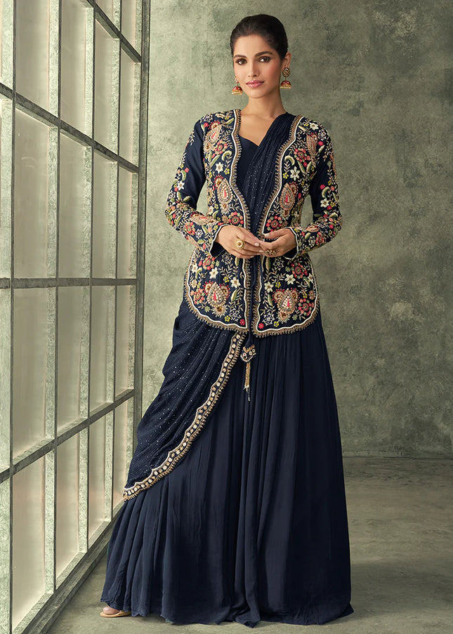 Blue Saree Style Jacket Anarkali Gown