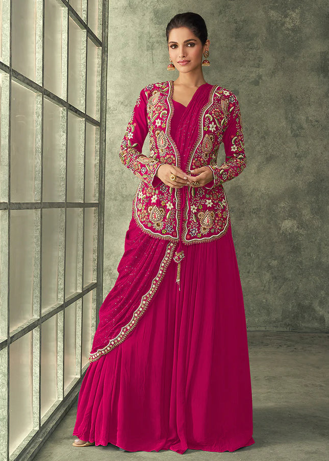 Pink Saree Style Jacket Anarkali Gown