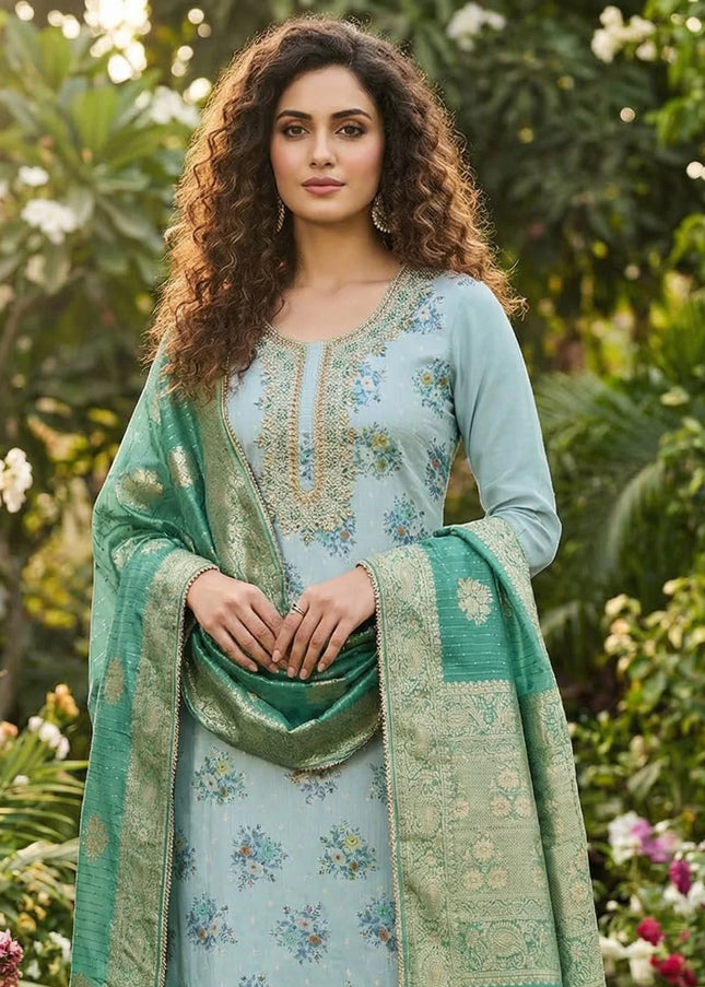 Chanderi Printed and Embroidered Pant Style Suit Series