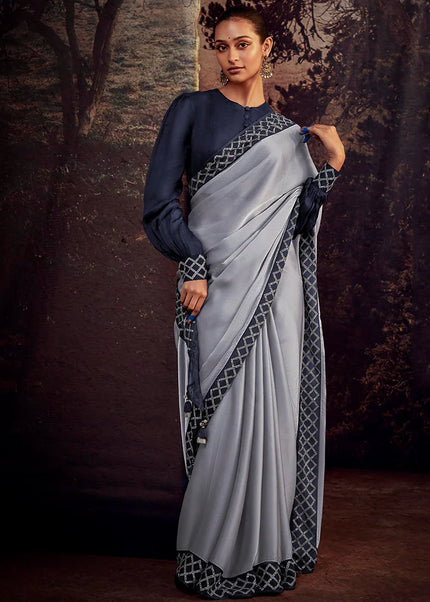 Grey and Blue Embroidered Festive Saree