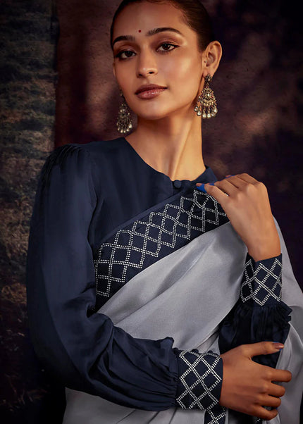 Grey and Blue Embroidered Festive Saree