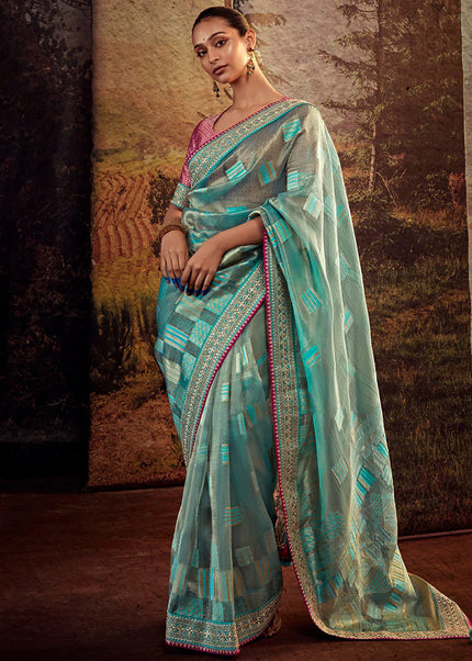 Sky Blue and Pink Embroidered Festive Saree