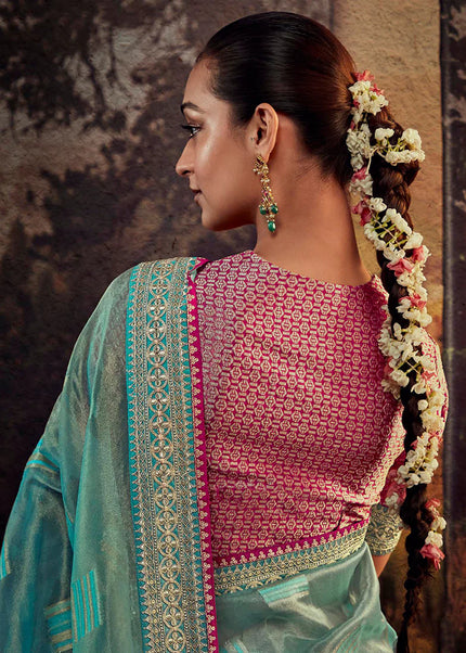 Sky Blue and Pink Embroidered Festive Saree