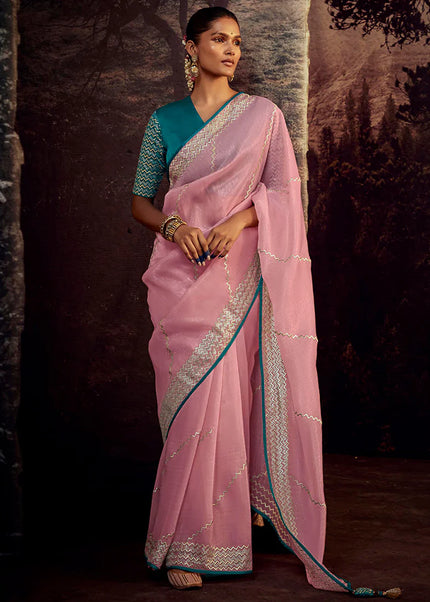 Pink and Blue Embroidered Festive Saree