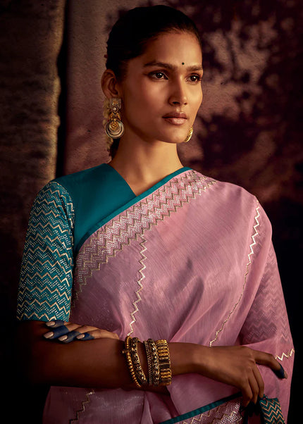 Pink and Blue Embroidered Festive Saree